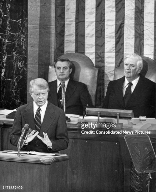 President Jimmy Carter addresses a joint session of the US Congress in the US Capitol, Washington DC, September 18, 1978. Behind him are Vice...