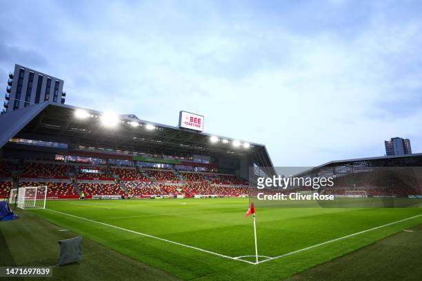 General view inside the stadium prior to the Premier League match between Brentford FC and Fulham FC at Gtech Community Stadium on March 06, 2023 in...