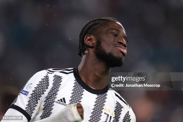 Maissa Ndiaye of Vicenza tussles with Emanuele Pecorino of Juventus breaks with the ball during the Serie C Coppa Italia Final First Leg match...