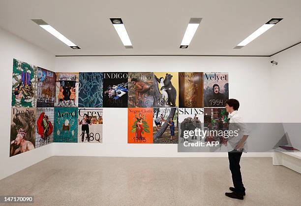 Man looks at a work by Austrian artist Ines Doujak at the Mumok Museum of Modern arts in Vienna on June 26, 2012. AFP PHOTO / ALEXANDER KLEIN...