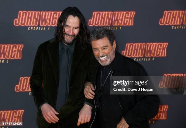 Keanu Reeves and Ian McShane arrive at the "John Wick: Chapter 4" UK Gala Screening at Cineworld Leicester Square on March 06, 2023 in London,...