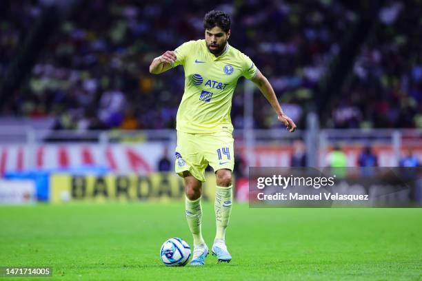 Néstor Araujo of America drives the ball during the 10th round match between America and Pachuca as part of the Torneo Clausura 2023 Liga MX at...