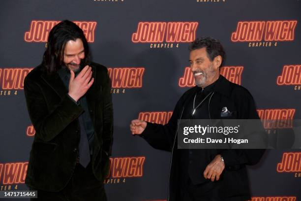 Keanu Reeves and Ian McShane arrive at the "John Wick: Chapter 4" UK Gala Screening at Cineworld Leicester Square on March 06, 2023 in London,...