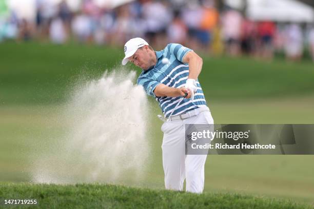 Jordan Spieth of the United States plays a shot from a bunker on the first hole during the final round of the Arnold Palmer Invitational presented by...