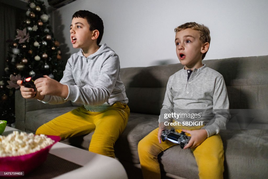 Brothers playing video games on PlayStation