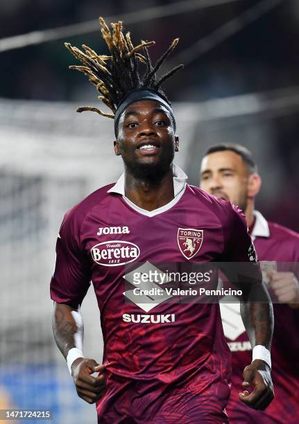 Yann Karamoh of Torino FC celebrates after scoring the team's first goal during the Serie A match between Torino FC and Bologna FC at Stadio Olimpico...