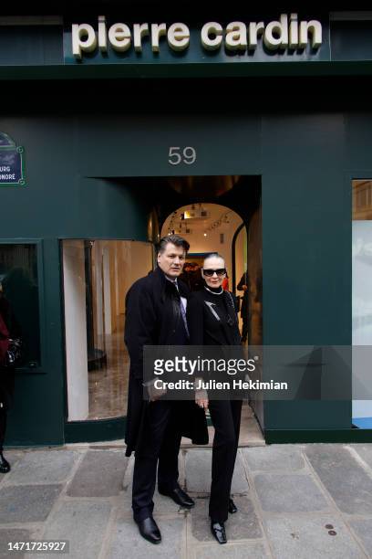 Rodrigo Basilicati-Cardin and Maryse Gaspard attend the unveiling of the Pierre Cardin commemorative plaque on March 06, 2023 in Paris, France.