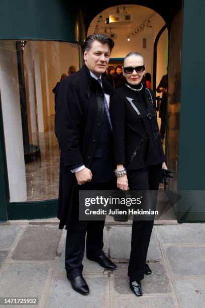 Rodrigo Basilicati-Cardin and Maryse Gaspard attend the unveiling of the Pierre Cardin commemorative plaque on March 06, 2023 in Paris, France.