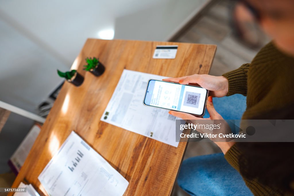 Scan Bill Woman Paying Financial Bills Using Qr Code Scanner On Mobile Banking ...