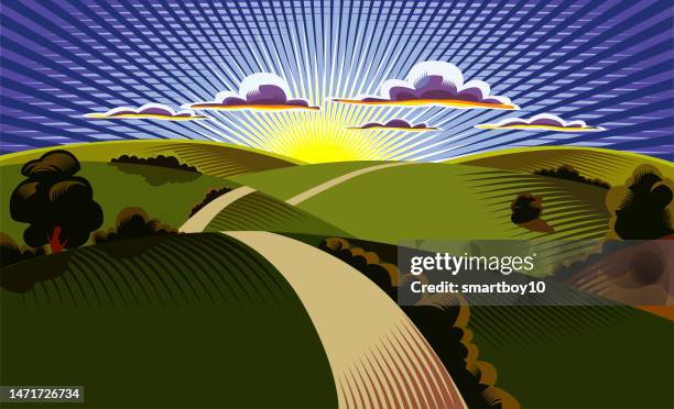 sunset on the horizon - changing landscape stock illustrations