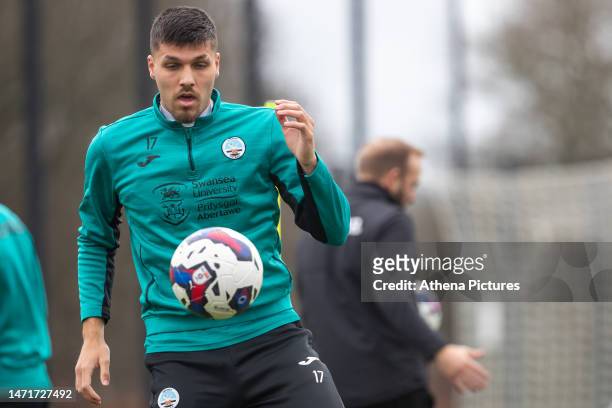 Joel Piroe during the Swansea City Training Session at Fairwood Training Ground on February 24, 2023 in Swansea, Wales.