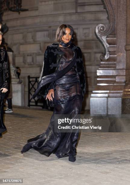 Singer Ciara is seen wearing black transparent dress, faux fur jacket outside Dundas during the Paris Fashion Week - Womenswear Fall Winter 2023 2024...