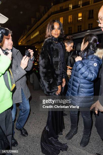 Singer Ciara is seen wearing black transparent dress, faux fur jacket outside Dundas during the Paris Fashion Week - Womenswear Fall Winter 2023 2024...