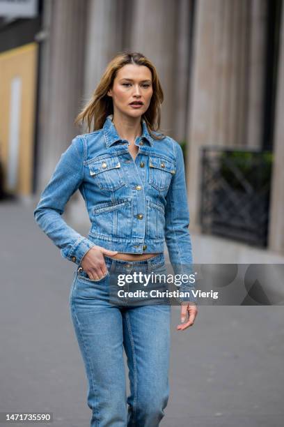 Chloe Lecareux wears denim jacket, jeans outside Palm Angels Paris Fashion Week - Womenswear Fall Winter 2023 2024 : Day Seven on March 05, 2023 in...