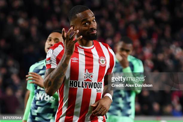 Ivan Toney of Brentford celebrates after scoring the team's second goal from a penalty kick during the Premier League match between Brentford FC and...