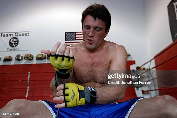 Chael Sonnen prepares to conduct a workout at the Team Quest gym on June 26, 2012 in Tualatin, Oregon. Sonnen will fight Anderson Silva July 7, 2012...