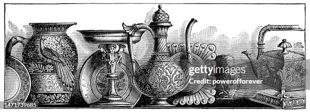 antique gold enamel tableware - 19th century - chalice stock illustrations