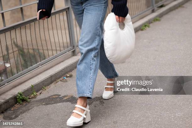 Guest, fashion details, is seen outside Lanvin, during Paris Fashion Week - Womenswear Fall Winter 2023 2024, on March 05, 2023 in Paris, France.