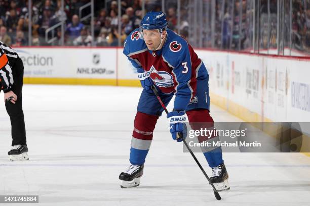 Jack Johnson of the Colorado Avalanche awaits a faceoff against the Seattle Kraken at Ball Arena on March 5, 2023 in Denver, Colorado.