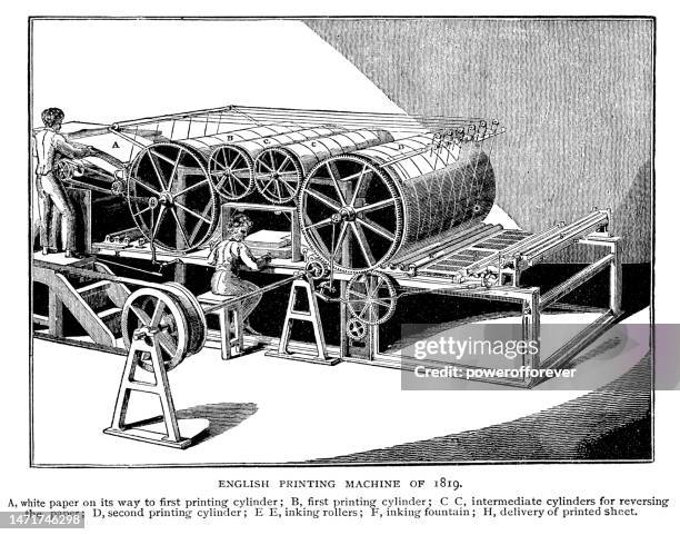 applegath and cowper improved, koenig two cylinder flat bed printing press machine - 19th century - printing roller stock illustrations