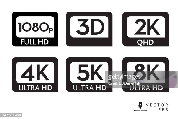 icon labels of screen resolutions 1080p 3d 2k 4k 5k 8k ultra hd high definition in black color on white background - rectangle logo stock illustrations