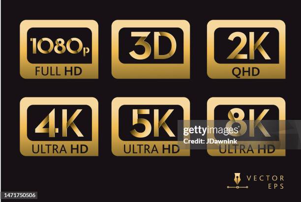 symbolbeschriftungen der bildschirmauflösungen 1080p 3d 2k 4k 5k 8k ultra hd high definition in goldfarbe auf schwarzem hintergrund - hd format stock-grafiken, -clipart, -cartoons und -symbole