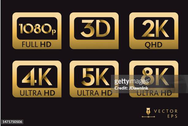 icon labels of screen resolutions 1080p 3d 2k 4k 5k 8k ultra hd high definition in gold color on black background - hd backgrounds stock illustrations