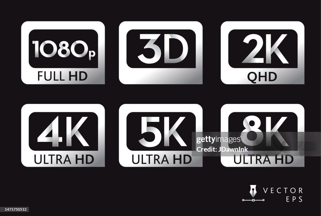 Icon labels of screen resolutions 1080p 3D 2K 4K 5K 8K Ultra HD high definition in silver color on black background