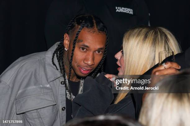 Tyga and Avril Lavigne attend the Mugler x Hunter Schafer party as part of Paris Fashion Week at Pavillon des Invalides on March 06, 2023 in Paris,...