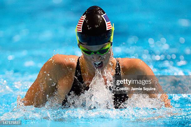 Amanda Beard competes in the second semifinal heat of the Women's 100 m Breaststroke during Day Two of the 2012 U.S. Olympic Swimming Team Trials at...