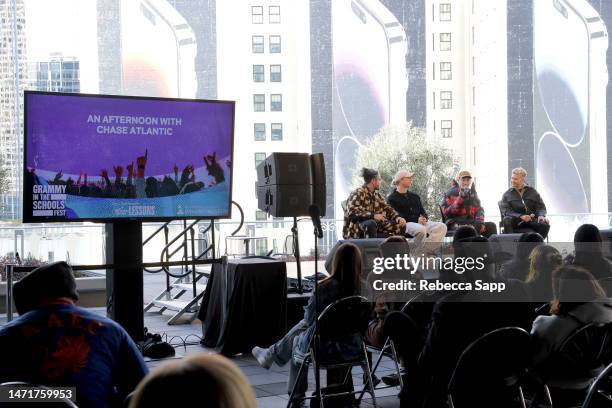 Clinton Cave, Christian Anthony, and Mitchel Cave of Chase Atlantic speak with Travis Mills at GRAMMY In The Schools Fest: Guest Artist Session with...