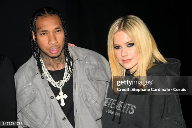 Tyga and Avril Lavigne attend the Mugler x Hunter Schafer party as part of Paris Fashion Week at Pavillon des Invalides on March 06, 2023 in Paris,...