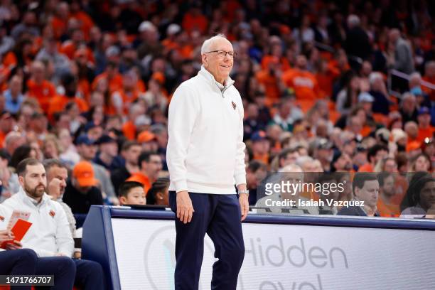 Head coach Jim Boeheim of the Syracuse Orange smiles on the sideline during the second half against the Wake Forest Demon Deacons at JMA Wireless...