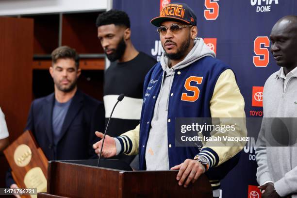 Carmelo Anthony speaks during a press conference during a mens basketball game between the Syracuse Orange and the Wake Forest Demon Deacons at JMA...