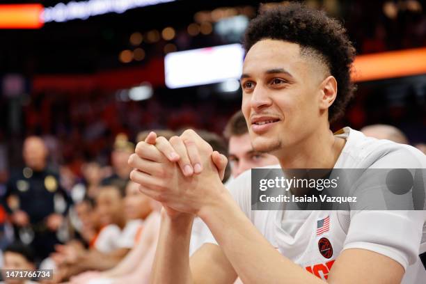 Jesse Edwards of the Syracuse Orange reacts during the 20th anniversary celebration of the 2003 National Championship during a mens basketball game...