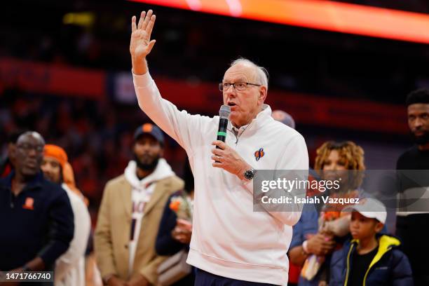 Head coach Jim Boeheim of the Syracuse Orange talks to the crowd during the 20th anniversary celebration of the 2003 national championship title at...