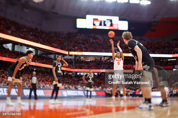 Chris Bell of the Syracuse Orange attempts a free throw against the Wake Forest Demon Deacons at JMA Wireless Dome on March 4, 2023 in Syracuse, New...