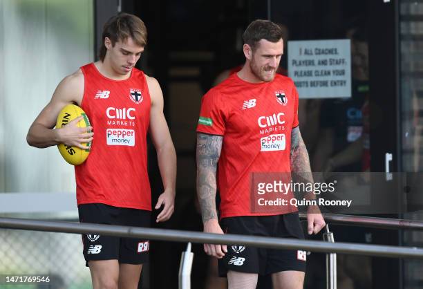 Tim Membrey of the Saints walks out to train during a St Kilda Saints AFL training session at RSEA Park on March 07, 2023 in Melbourne, Australia.