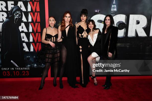 Devyn Nekoda, Liana Liberato, Melissa Barrera, Jenna Ortega and Courteney Cox attend Paramount's "Scream VI" World Premiere at AMC Lincoln Square...