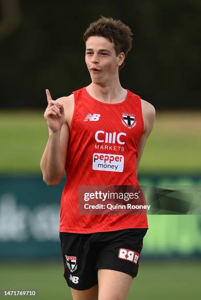 Mattaes Phillipou of the Saints celebrates kicking a goal during a St Kilda Saints AFL training session at RSEA Park on March 07, 2023 in Melbourne,...