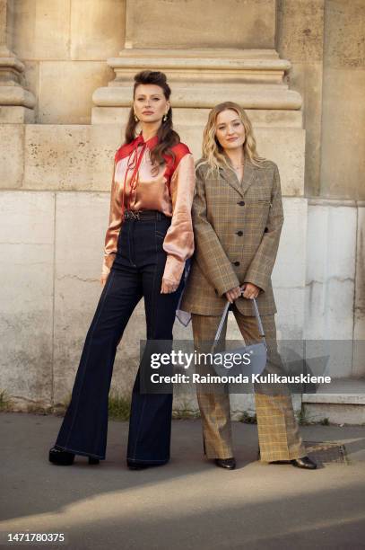 Michalka seen wearing a suit with an oversized patterned blazer and pants, a purple bag and black boots and Aly Michalka seen wearing high waist...