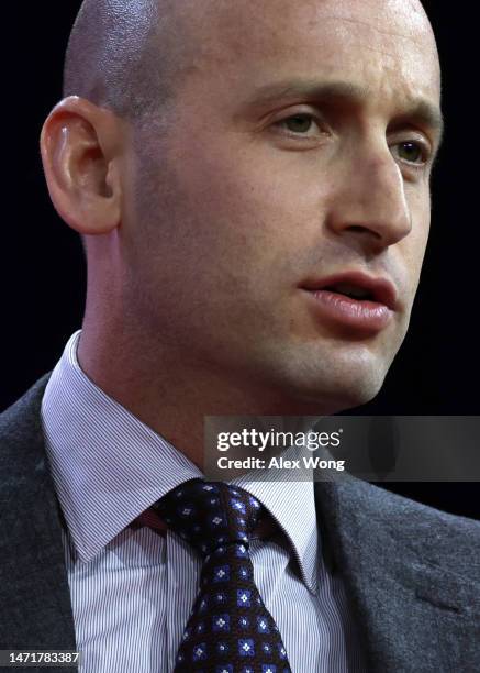 Former senior adviser Stephen Miller to President Donald Trump speaks during the annual Conservative Political Action Conference at Gaylord National...