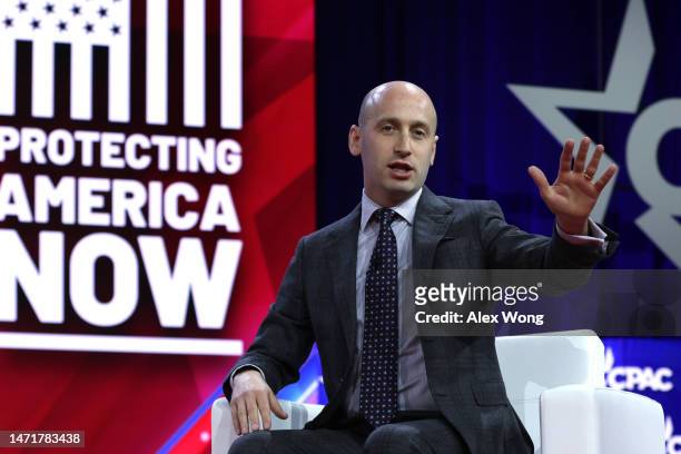 Former senior adviser Stephen Miller to President Donald Trump speaks during the annual Conservative Political Action Conference at Gaylord National...