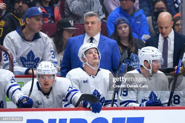 Toronto Maple Leafs head coach Sheldon Keefe looks on during the first period of their NHL game against the Vancouver Canucks at Rogers Arena on...