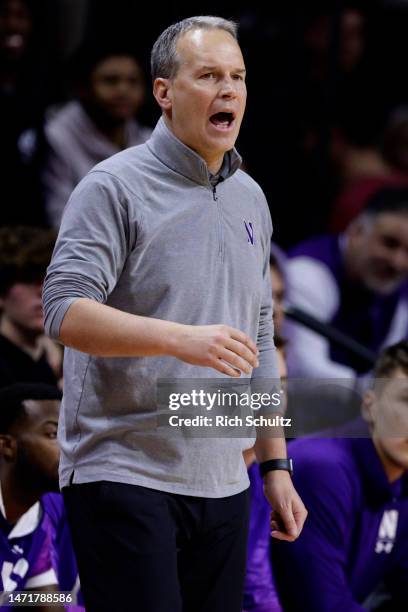 Head coach Chris Collins of the Northwestern Wildcats reacts during a game against the Rutgers Scarlet Knights at Jersey Mike's Arena on March 5,...