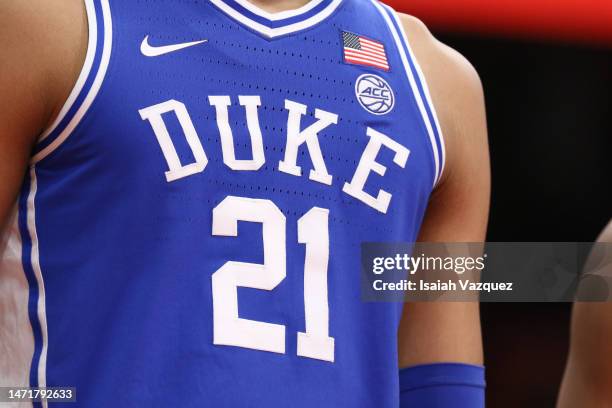 Detail of Christian Reeves of the Duke Blue Devils jersey during the second half against the Syracuse Orange at JMA Wireless Dome on February 18,...