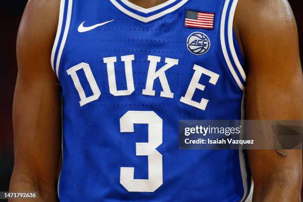 Detail of a Duke Blue Devils jersey as they take on the Syracuse Orange at JMA Wireless Dome on February 18, 2023 in Syracuse, New York.