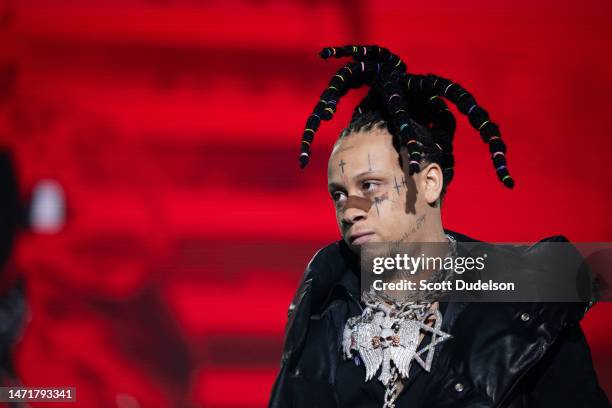 Rapper Trippie Redd performs onstage during day 3 of Rolling Loud Los Angeles at Hollywood Park Grounds on March 05, 2023 in Inglewood, California.