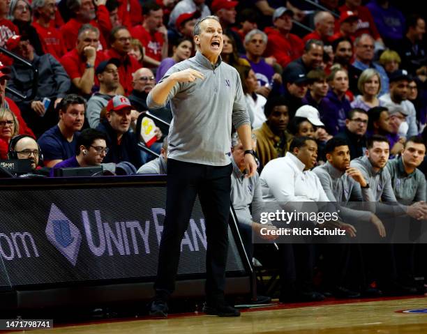 Head coach Chris Collins of the Northwestern Wildcats reacts during a game against the Rutgers Scarlet Knights at Jersey Mike's Arena on March 5,...
