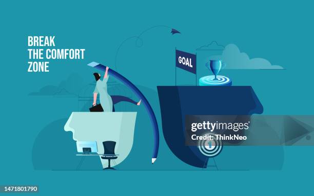 grenzen überschreiten fordern sie sich selbst heraus, grenzen zu überwinden - komfortzone stock-grafiken, -clipart, -cartoons und -symbole